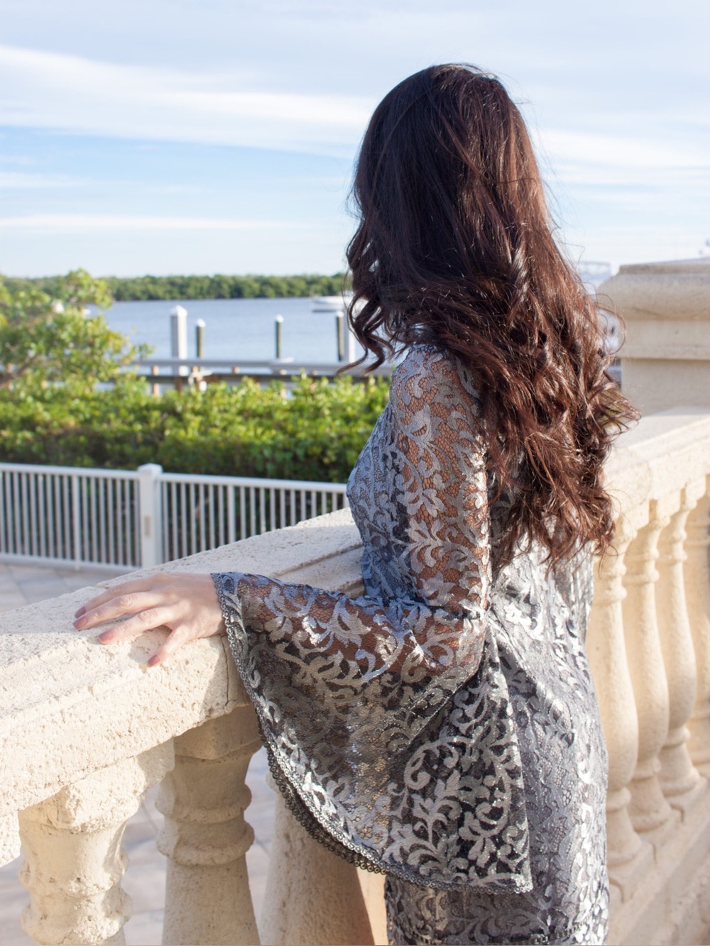 White House Black Market Lined Metallic Bell Sleeve Lace Eyelash Dress Silver